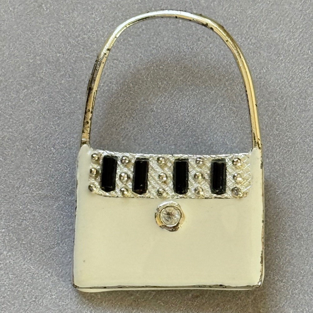 SFJ Small Brooch Enamel Bag Handle White Black Silver Rhinestone Vintage